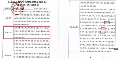 2018年11月1日，中央第三生態(tài)環(huán)境保護(hù)督察組進(jìn)駐山東省開(kāi)展&ldquo;回頭看&rdquo;。通過(guò)對(duì)相關(guān)部門(mén)走訪問(wèn)詢，并抽查有關(guān)企業(yè)，發(fā)現(xiàn)山東省物流運(yùn)輸企業(yè)違規(guī)使用普通柴油或其他高硫分燃油問(wèn)題依然十分突出，柴油貨車(chē)尾氣污染嚴(yán)重。  一、基本情況  《大氣污染防治法》明確，禁止向汽車(chē)和摩托車(chē)銷(xiāo)售普通柴油以及其他非機(jī)動(dòng)車(chē)用燃料。第一輪中央環(huán)保督察反饋指出，山東省以普通柴油替代車(chē)用柴油的情況較多，濱州等地市大量物流運(yùn)輸企業(yè)違規(guī)使用普通柴油，尾氣污染問(wèn)題突出。  為此，山東省整改方案要求，杜絕違規(guī)使用普通柴油的情況，并明確由原省工商局負(fù)責(zé)部署推進(jìn)相應(yīng)整改工作。原省工商局于2018年8月1日上報(bào)山東省環(huán)境保護(hù)督察反饋意見(jiàn)整改工作領(lǐng)導(dǎo)小組，聲稱該問(wèn)題完成整改并銷(xiāo)號(hào)。  二、主要問(wèn)題  督察發(fā)現(xiàn)，原山東省工商局作為整改責(zé)任主體沒(méi)有認(rèn)真履行整改職責(zé)，未就整改工作進(jìn)行部署推進(jìn)，整改任務(wù)目標(biāo)完全落空，全省物流運(yùn)輸企業(yè)違規(guī)使用普通柴油或高硫分燃油問(wèn)題依然普遍存在。  （一）違規(guī)售油無(wú)人管。督察組抽查3個(gè)地市的4家煉化公司，發(fā)現(xiàn)這些煉化公司違規(guī)大量向物流運(yùn)輸企業(yè)銷(xiāo)售普通柴油或其他高硫分燃油，導(dǎo)致這些柴油大量替代車(chē)用柴油使用，污染嚴(yán)重。2018年，東營(yíng)齊潤(rùn)化工有限公司將3萬(wàn)余噸硫含量近2000mg/kg的常壓柴油售給物流運(yùn)輸企業(yè)和加油站，墾利石化有限公司也將3萬(wàn)余噸硫含量2000-3000mg/kg的燃油售給相關(guān)物流運(yùn)輸企業(yè)和加油站，硫含量最高超標(biāo)約300倍。2017年中央環(huán)保督察以來(lái)，山東匯豐石化集團(tuán)有限公司將近40萬(wàn)噸普通柴油銷(xiāo)往多家物流運(yùn)輸企業(yè)，濰坊市昌邑石化有限公司將5萬(wàn)余噸國(guó)Ⅳ和國(guó)Ⅴ的普通柴油售給物流運(yùn)輸企業(yè)。現(xiàn)場(chǎng)抽查發(fā)現(xiàn)，物流運(yùn)輸企業(yè)多數(shù)在自身停車(chē)場(chǎng)內(nèi)私自安裝加油裝置，將所購(gòu)違規(guī)油品自用，昌邑市盛宏物流有限公司甚至違法轉(zhuǎn)售其他社會(huì)車(chē)輛。   圖1 昌邑市盛宏物流有限公司在停車(chē)場(chǎng)內(nèi)私設(shè)加油裝置  （二）督察整改做樣子。原省工商局作為督察整改的責(zé)任主體，接受任務(wù)時(shí)服從安排，實(shí)際整改時(shí)做做樣子。督察反饋明確指出問(wèn)題主要是煉化公司違法向物流運(yùn)輸企業(yè)銷(xiāo)售普通柴油替代車(chē)用柴油使用，導(dǎo)致汽車(chē)尾氣污染。但原省工商局等部門(mén)整改時(shí)僅部署對(duì)加油站和成品油倉(cāng)儲(chǔ)批發(fā)企業(yè)的檢查，沒(méi)有將煉化公司到物流運(yùn)輸企業(yè)的黑色鏈條作為查處對(duì)象。整改工作指東打西，真正問(wèn)題沒(méi)有觸及。另外，整改方案明確的目標(biāo)是&ldquo;強(qiáng)化日常監(jiān)督管理，杜絕違規(guī)使用普通柴油&rdquo;；但原省工商局擅自在銷(xiāo)號(hào)材料中將目標(biāo)改為&ldquo;針對(duì)加油站開(kāi)展專項(xiàng)整治行動(dòng)&rdquo;，以此蒙混過(guò)關(guān)，虛假銷(xiāo)號(hào)。   圖2 原省工商局在銷(xiāo)號(hào)確認(rèn)表上弄虛作假  （三）執(zhí)法監(jiān)管走過(guò)場(chǎng)。2017年以來(lái)，山東省各市共打擊取締非法加油點(diǎn)近2000家，但僅對(duì)涉案物流運(yùn)輸企業(yè)進(jìn)行了處罰，未能以此為線索追根溯源，對(duì)源頭煉化公司違規(guī)售油問(wèn)題進(jìn)行查處，煉化企業(yè)到物流運(yùn)輸企業(yè)的黑色鏈條始終未被斬?cái)唷? 一些煉化企業(yè)長(zhǎng)期游離于監(jiān)管之外，缺乏對(duì)法律的敬畏。2018年8月，生態(tài)環(huán)境部調(diào)研發(fā)現(xiàn)中國(guó)化工集團(tuán)山東昌邑石化有限公司涉嫌違法生產(chǎn)銷(xiāo)售國(guó)Ⅳ普通柴油，但在進(jìn)一步調(diào)查時(shí)，企業(yè)拒絕配合，不提供相關(guān)臺(tái)賬，并臨時(shí)編造相關(guān)記錄。&ldquo;回頭看&rdquo;進(jìn)駐后，督察組再次現(xiàn)場(chǎng)檢查，要求企業(yè)提供儲(chǔ)運(yùn)臺(tái)賬，企業(yè)依然拒絕提供，并繼續(xù)編造謊言，提供虛假材料，性質(zhì)十分惡劣。  對(duì)此，濰坊市查處不嚴(yán)不實(shí)，甚至試圖蒙混過(guò)關(guān)。在督察組兩次督導(dǎo)后，查處工作依然走過(guò)場(chǎng)，在未調(diào)度企業(yè)生產(chǎn)記錄和儲(chǔ)運(yùn)臺(tái)賬等關(guān)鍵證據(jù)的情況下，即采信企業(yè)說(shuō)法，甚至未調(diào)閱生產(chǎn)記錄就作出該企業(yè)2018年未生產(chǎn)銷(xiāo)售國(guó)Ⅳ普通柴油的結(jié)論。直到督察組再次督導(dǎo)、進(jìn)一步明確要求后才加大查處力度，發(fā)現(xiàn)該企業(yè)2018年實(shí)際以燃料油名義違規(guī)銷(xiāo)售國(guó)Ⅳ普通柴油4萬(wàn)多噸。  三、原因分析  原山東省工商局不在整改落實(shí)中下功夫，反而在整改銷(xiāo)號(hào)上動(dòng)腦筋，表面整改，虛假整改問(wèn)題突出。  山東省有關(guān)地市不敢動(dòng)真碰硬，對(duì)違法銷(xiāo)售不合格油品的黑色鏈條整治不力，未能對(duì)油品來(lái)源追根溯源，未對(duì)煉化企業(yè)的違法行為依法查處。